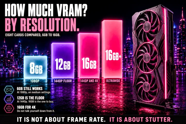 A stepped bar chart of VRAM capacities in cyan, violet, magenta and pink reading 8GB for 1080p, 12GB for the 1440p floor, 16GB for 1440p and 4K and 16GB plus for ultrawide, beside a triple-fan graphics card.