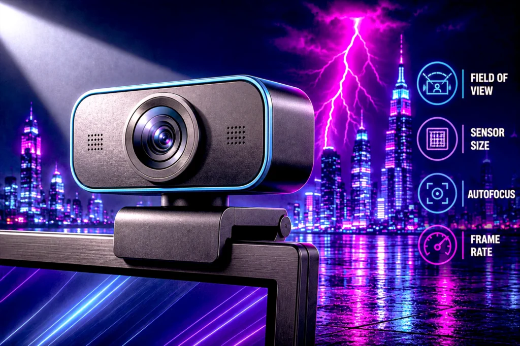 An unbranded webcam clipped to a monitor edge, lit by a soft key light from the left, on a wet reflective floor against magenta lightning and a neon city skyline, beside a panel of buying criteria.