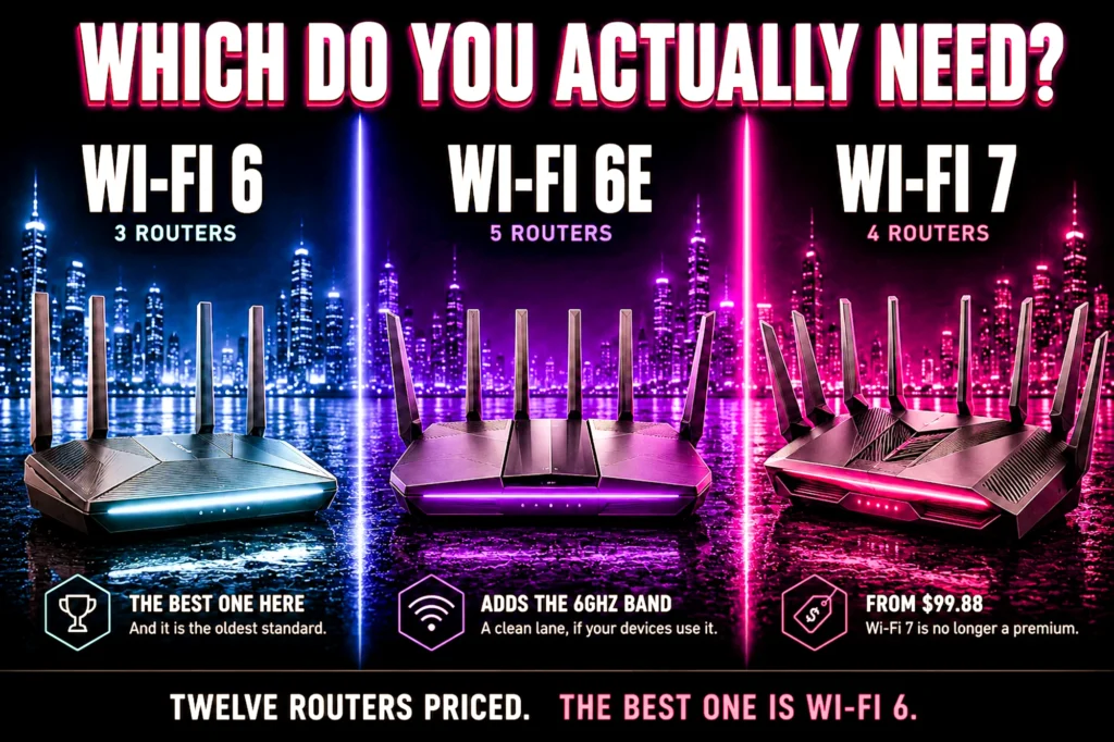 Three gaming routers side by side in cyan, violet and magenta panels labeled Wi-Fi 6, Wi-Fi 6E and Wi-Fi 7, above a strip reading twelve routers priced and the best one is Wi-Fi 6.