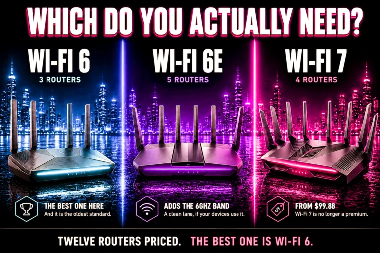 Three gaming routers side by side in cyan, violet and magenta panels labeled Wi-Fi 6, Wi-Fi 6E and Wi-Fi 7, above a strip reading twelve routers priced and the best one is Wi-Fi 6.
