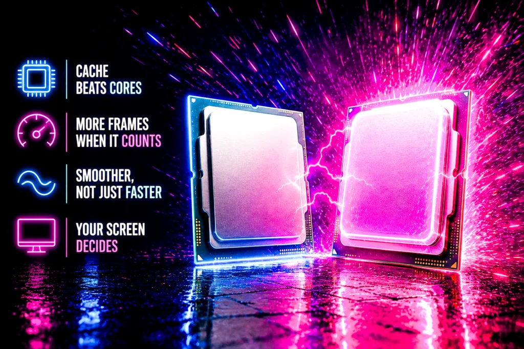 Two unbranded desktop processors side by side, the right one with a glowing magenta layer stacked on top and lightning arcing between them, beside four callouts about cache, frame rates, smoothness and screen resolution.