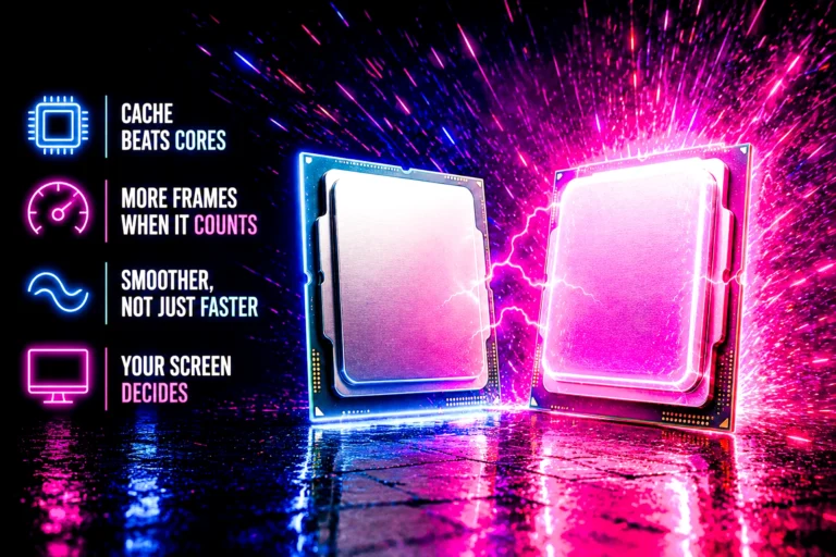 Two unbranded desktop processors side by side, the right one with a glowing magenta layer stacked on top and lightning arcing between them, beside four callouts about cache, frame rates, smoothness and screen resolution.