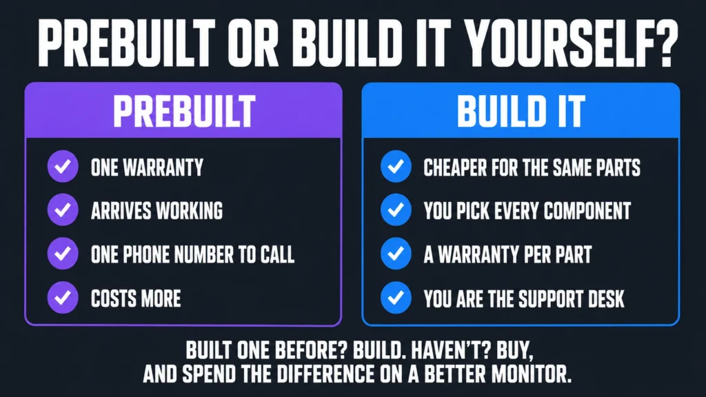 Side by side comparison. Prebuilt: one warranty, arrives working, one phone number to call, costs more. Build it yourself: cheaper for the same parts, you pick every component, a warranty per part, you are the support desk.