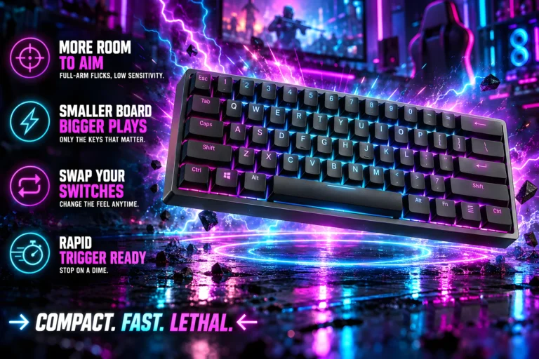 A compact 60 percent mechanical gaming keyboard with RGB backlighting hovering over a glowing neon ring, surrounded by purple and blue lightning.