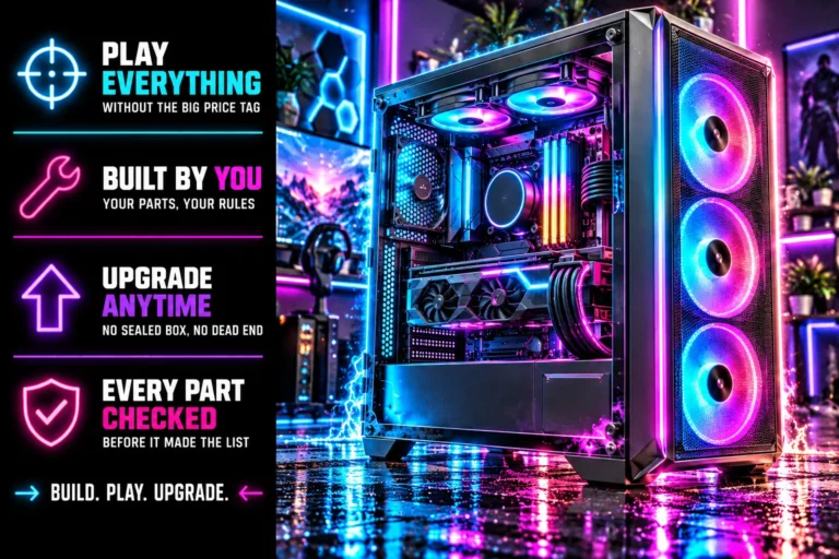A custom gaming PC with glowing RGB fans behind a glass side panel in a neon-lit room, beside four callouts: play everything without the big price tag, built by you, upgrade anytime, and every part checked before it made the list.