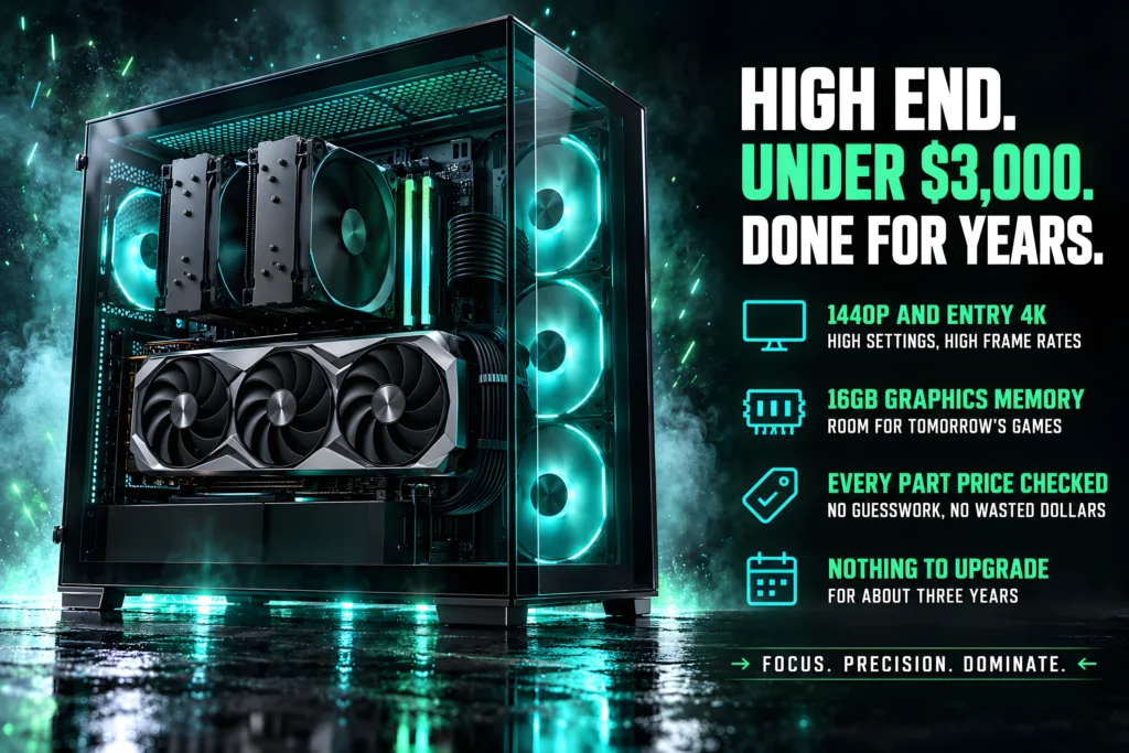 High end gaming PC build under $3,000 in a panoramic glass case with a triple-fan graphics card, dual-tower air cooler and teal lighting