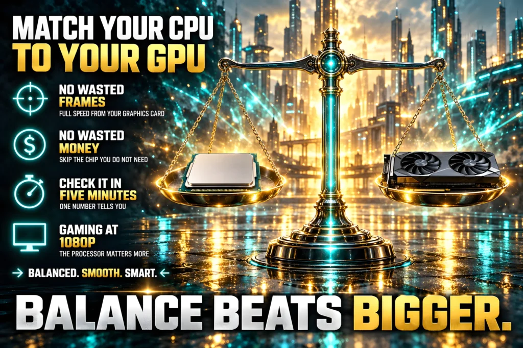 A graphics card and a processor balanced on a glowing scale in gold and teal light, for the guide to what CPU to pair with your GPU.