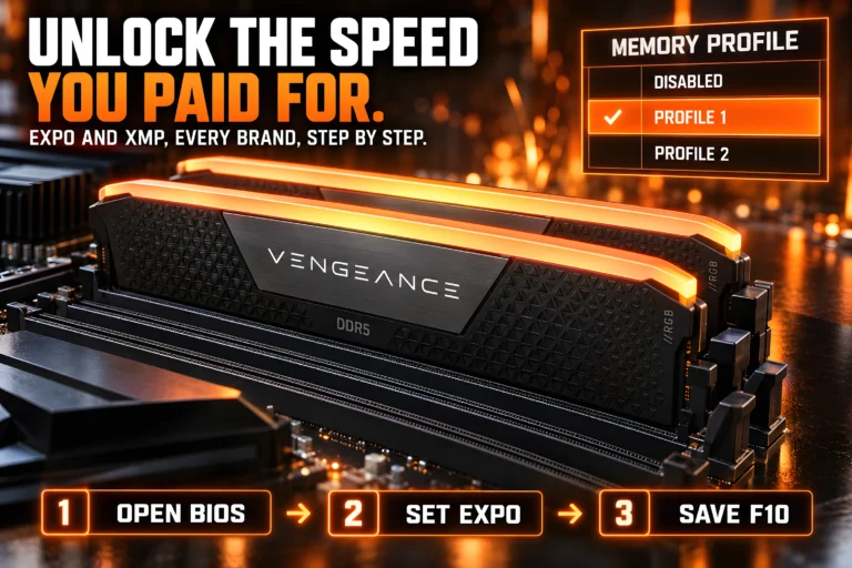 Two Corsair Vengeance RGB DDR5 memory sticks glowing orange in a motherboard under a BIOS memory profile menu with PROFILE 1 selected