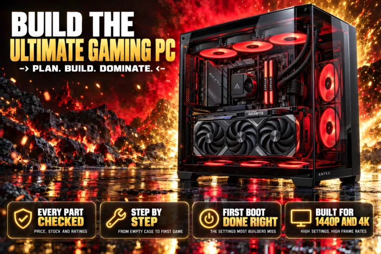 A high-end gaming PC in an Antec full-tower case with a GIGABYTE RTX 5080 graphics card, ASUS ROG Strix motherboard, Corsair memory and an ARCTIC liquid cooler, for the guide to how to build the ultimate gaming PC.